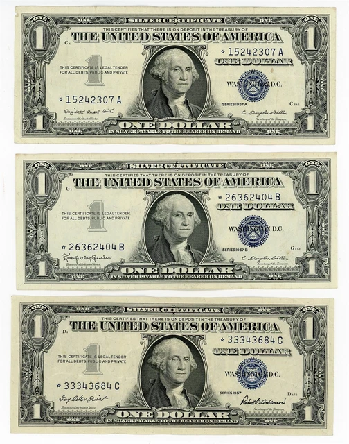 1957 A&B Series One Dollar Silver Certificates *Star* Notes Crisp $1 Lot of 3