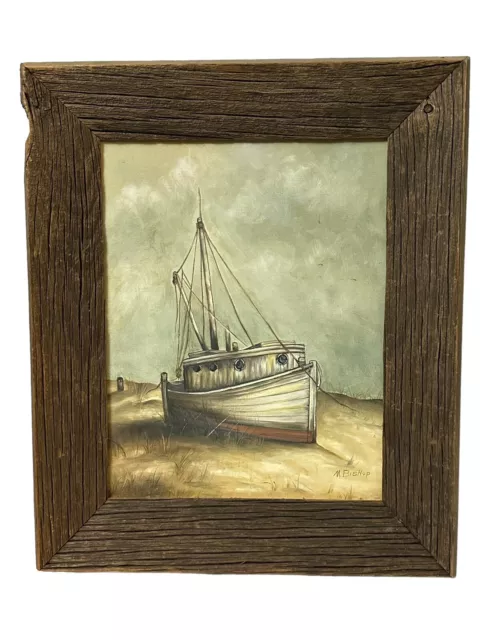 Vtg Original Oil Painting By Mildred Bishop TX Beached Old Boat Framed Signed