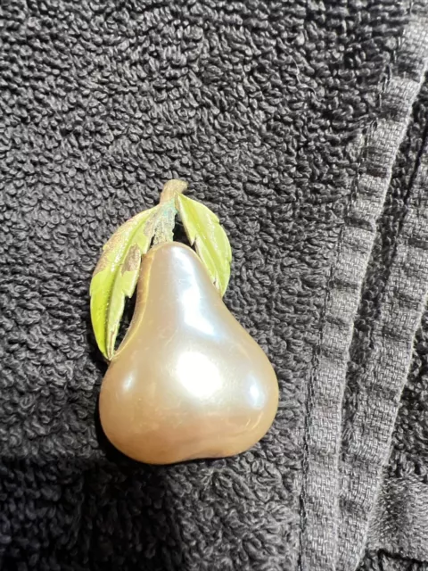 Vintage Faux Pearl Pear Enamel Brooch Pin Signed J J. Lot 380