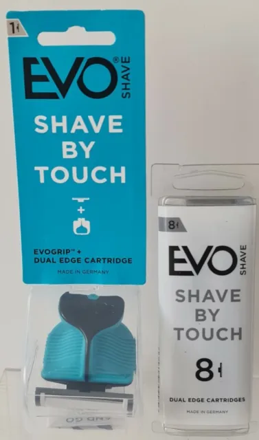 Evo Shave By Touch Dual Edge Razor Blade + 8 Cartridges Blue "New"