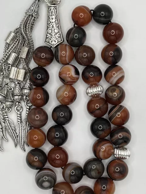 Natural Striped Agate Aqeeq Gemstone Tasbih Rosary Prayer Beads مسبحة عقيق طبيعي