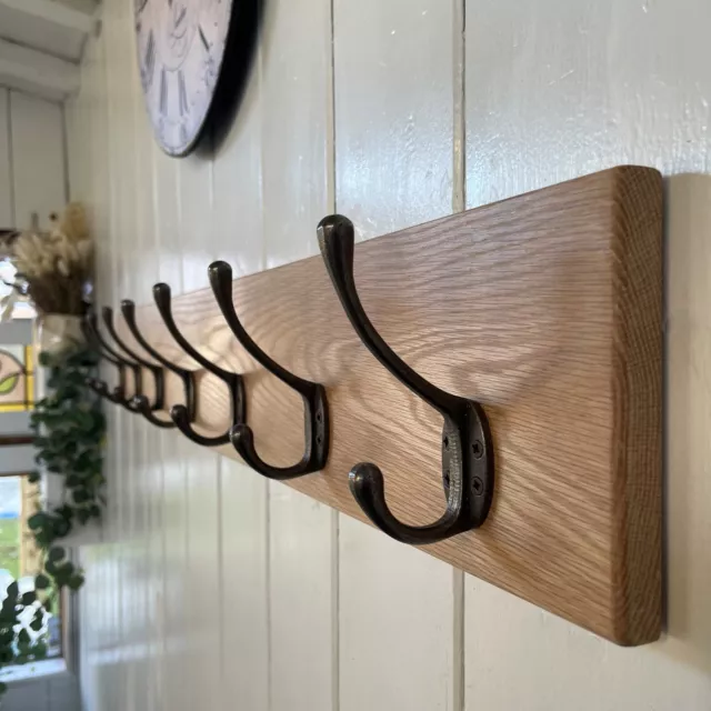 Wooden Oak Coat Rack Vintage Style Victorian Cast Iron Hooks (Not Black) 2