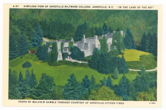 1930s Linen Postcard Airplane View Ashville Biltmore College North Carolina