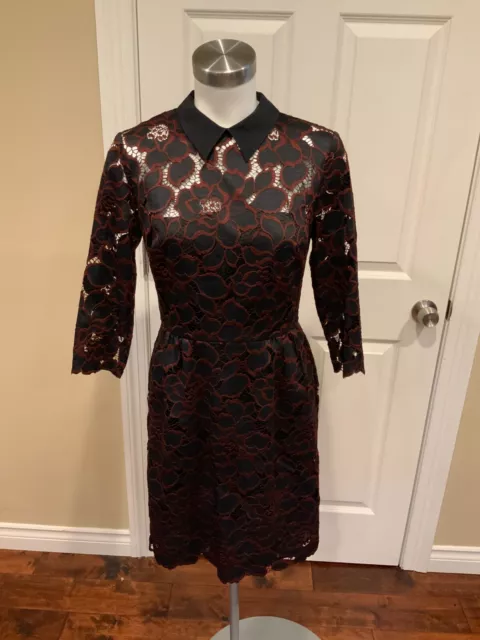 Trina Turk Black & Maroon Floral Lace Dress w/ Peter Pan Collar, Size 2 NWT!