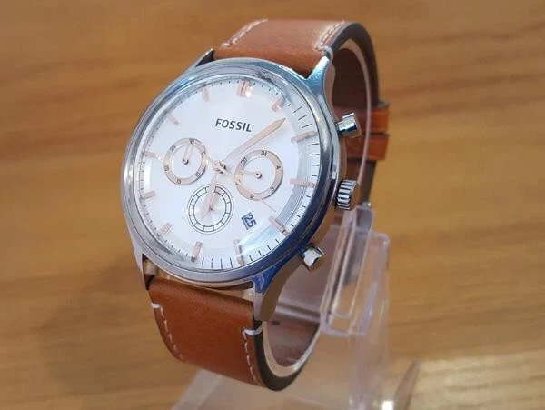 Herren Vintage Retro Braun Leder Silber Fossil FS4640 Herren Klassische Chrono Datum
