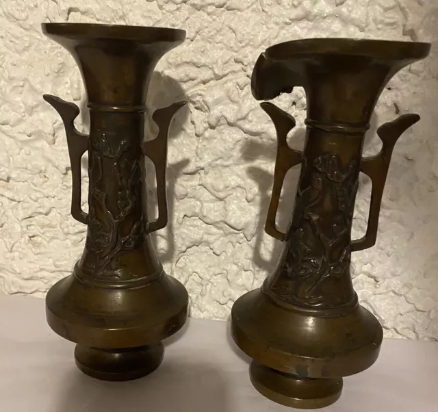 2 Anciens Vase En Bronze D'asie Décor Fleurs Et Oiseau/4857Po4