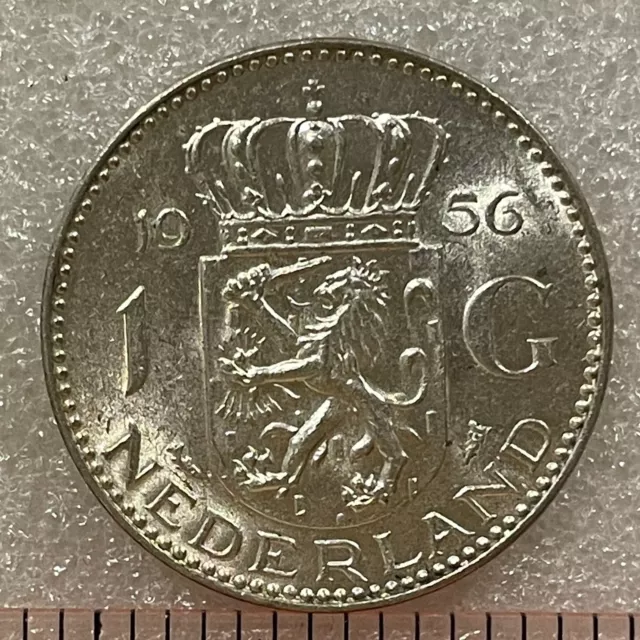 1956 NETHERLANDS  Silver 1 GULDEN Coin, JULIANA, UNC, (.720) 6.5g.