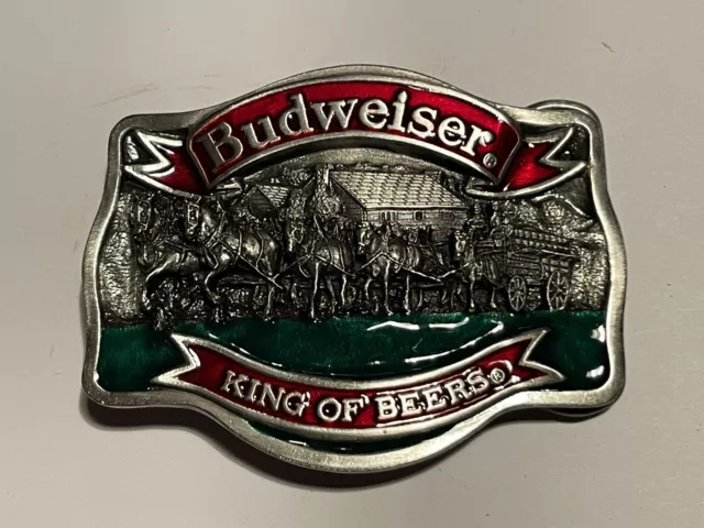 VINTAGE 1985 BUDWEISER KING OF BEERS Belt Buckle Stage Coach and Clydesdales