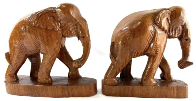 Two Hand Carved Wooden Elephant Sculptures Teak Wood 8” Long 8.5” Tall