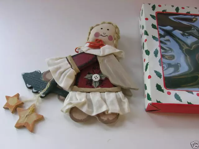 Hand Crafted Painted Wood Wooden Fabric Angel Christmas Ornament Country Tree