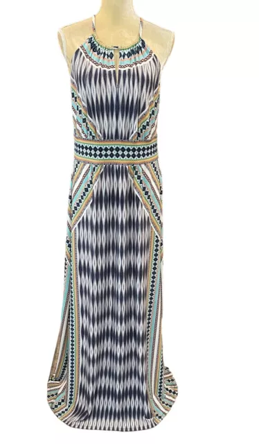 London Style Blue Multi Aztec Southwest Print Sleeveless Sheath Maxi Dress SZ 14