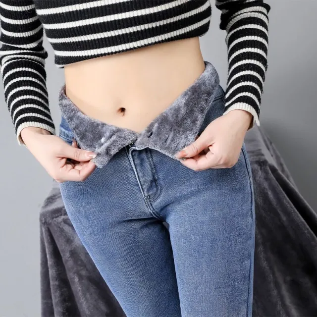 Pantalones Vaqueros De Terciopelo Grueso Para Mujeres Moda Invierno Cintura Alta