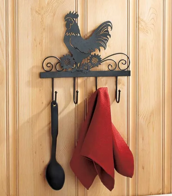 Rustic Rooster French Country Wall Hooks Sunflower Scrolled Metal Kitchen Hooks