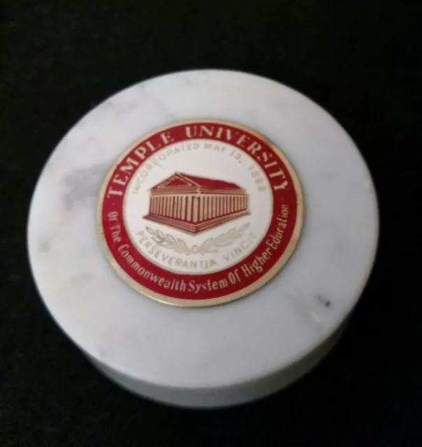VINTAGE Round Marble & Metal Paperweight ~ TEMPLE UNIVERSITY ~ 2.5" x .75"