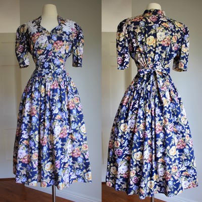 vintage 80s jessica mcclintock gunne sax style dress blue floral cotton tea dres