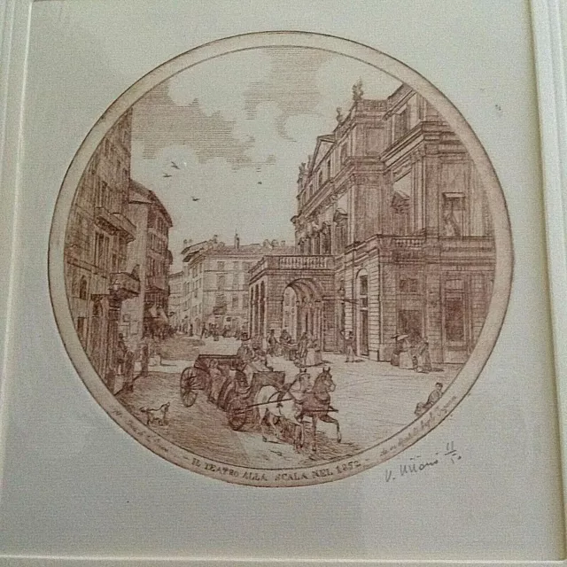 V.VIVIANI Il Teatro alla Scala nel 1852 INCISIONE originale punta secca 28x42 3