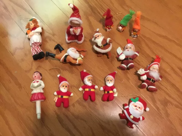 Vintage Flocked Felt Plastic Wood Christmas Ornaments Lot of 14 Santa’s And More