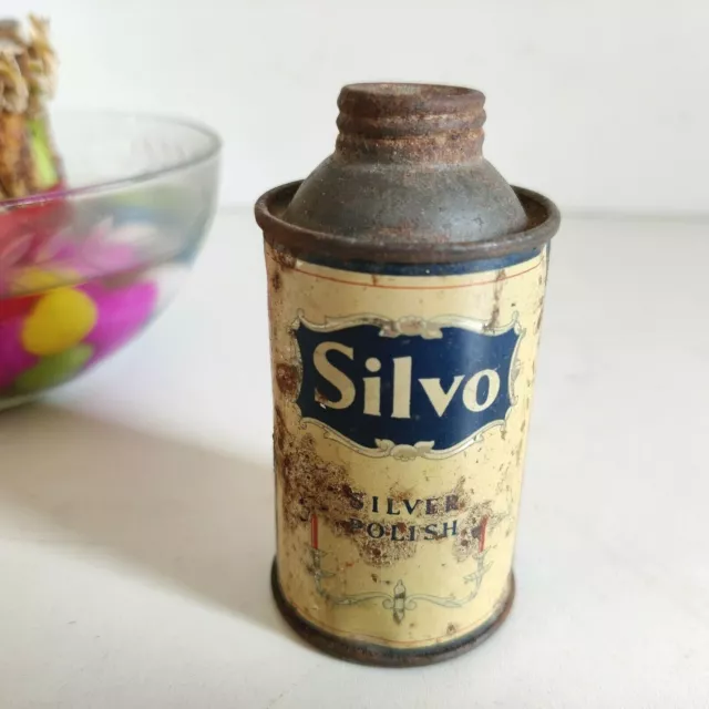 1940s Vintage Silvo Silver Polish No 2 Litho Tin Can Advertisement Box TB279