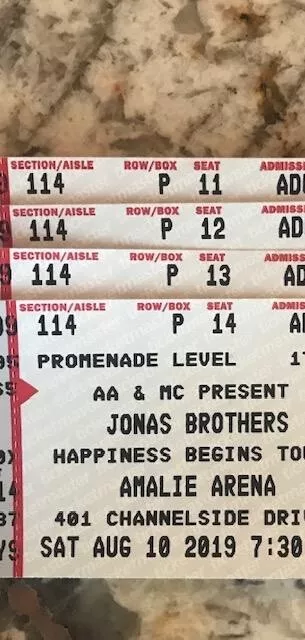 Jonas Brothers concert tickets Tampa FL Amalie Arena, $215/ticket,$860 total