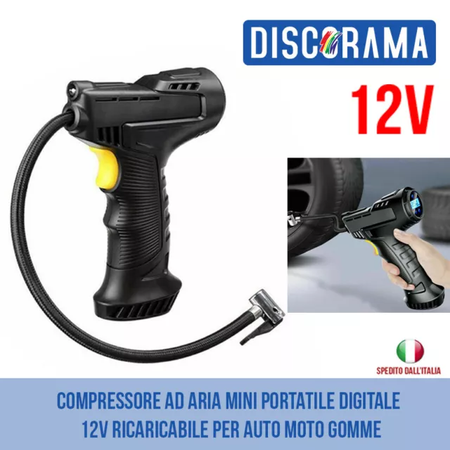 Compressore Ad Aria Mini Portatile Digitale 12V Ricaricabile Per Auto Moto Gomme