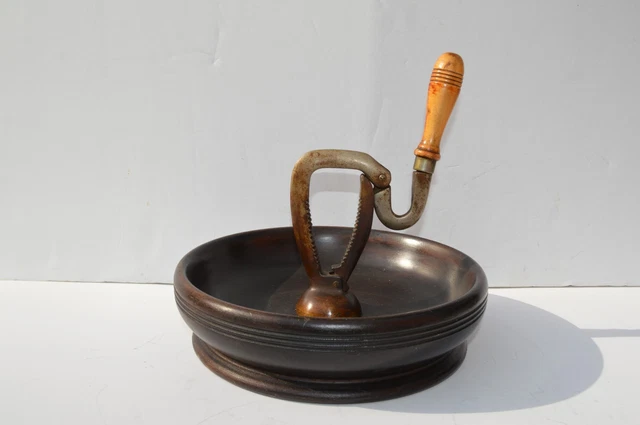 Unusual Vintage Large Metal & Wood Bowl Nut Cracker Unique Design Patented
