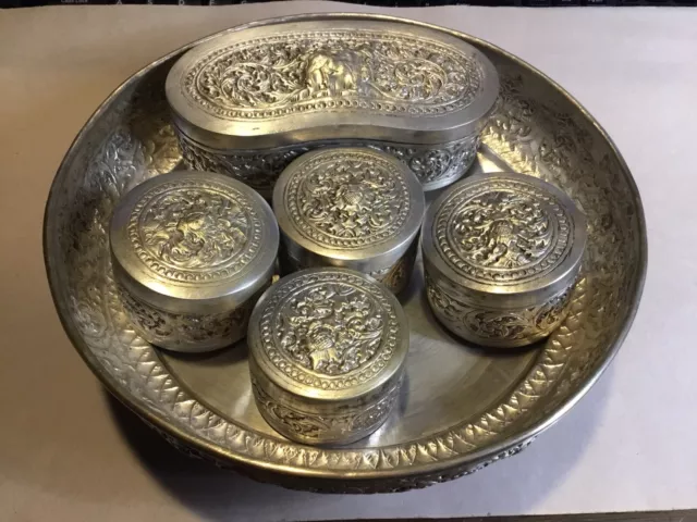 5 Vintage South East Asia Silver Metal Betel Nut Container Box & Tray Asian (89)