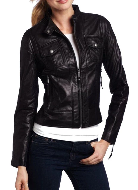 Jacket Womens Leather Biker Motorcycle Coat Vintage Lambskin Slim Fit Black A1