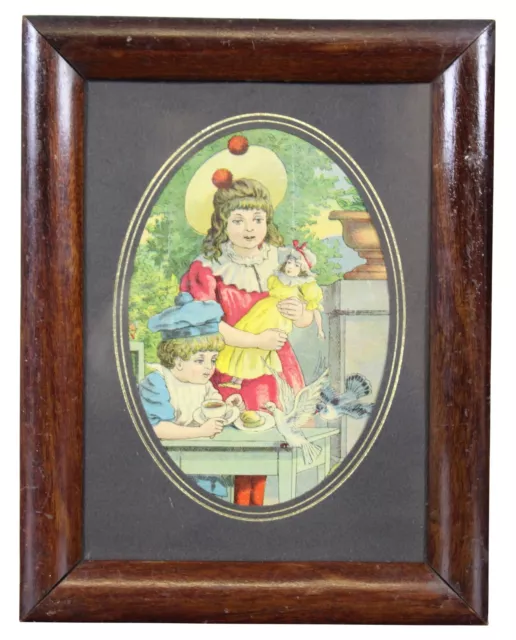 Antique Victorian Colored Lithograph Print Garden Tea Party Children Framed