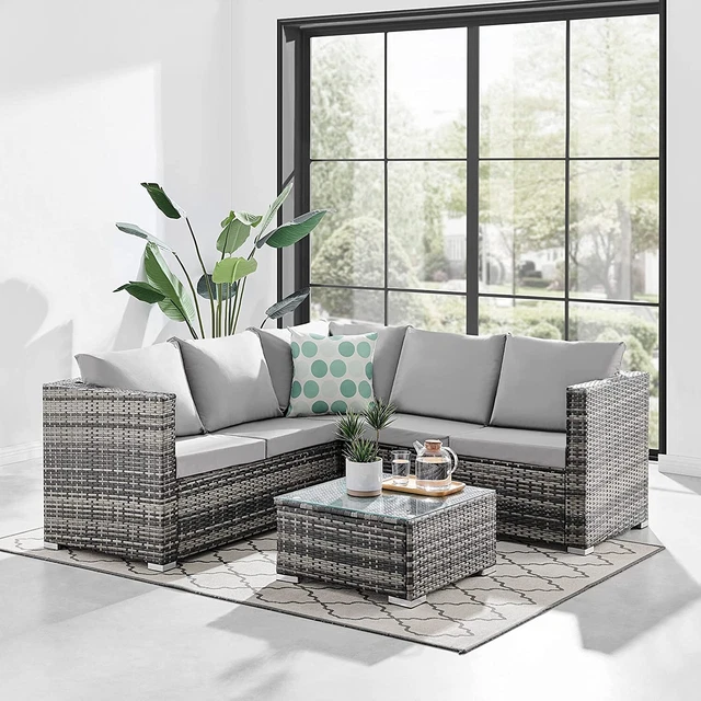 ECASA CORNER RATTAN Sofa Set Garden Furniture & Coffee Table Light Grey
