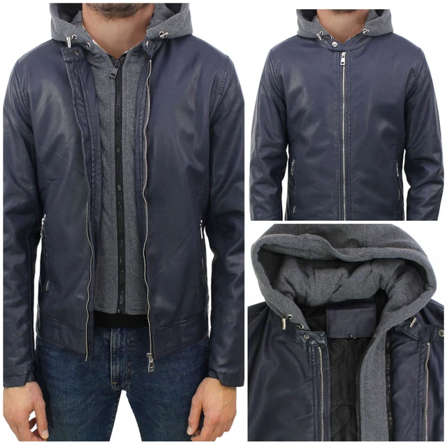 Giubbotto Uomo Pelle Invernale Cappuccio blu Giubbino Chiodo Biker Moto