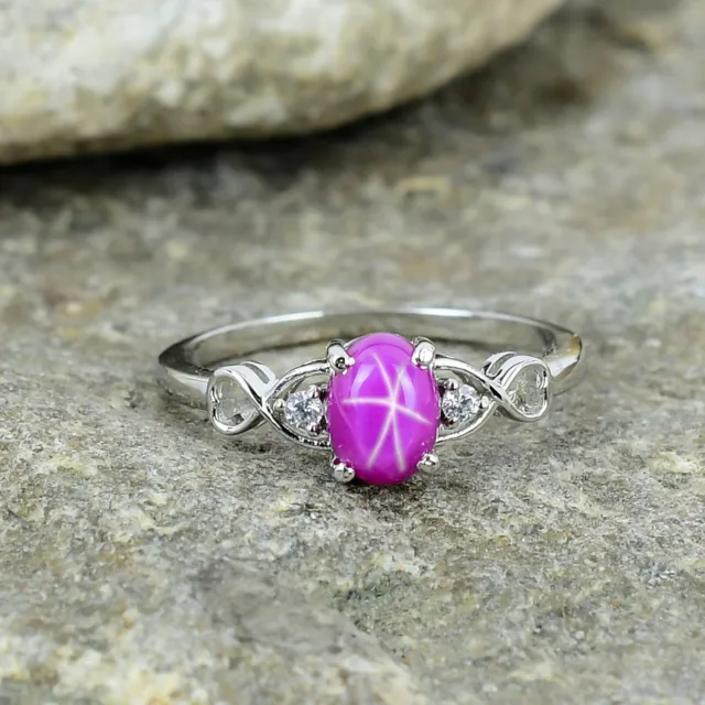 Natural Lindy Star Pink Sapphire Ring, Moissanite Solid 925 Sterling Silver Ring