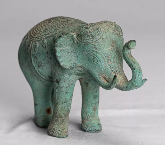 Antique Khmer Style Bronze Trumpeting Elephant Statue - 13cm/5" Tall 2