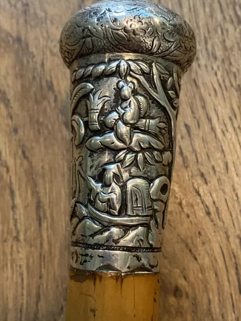 Antique Chinese Export Malacca Walking Cane - Oriental Silver Engraved Pommel