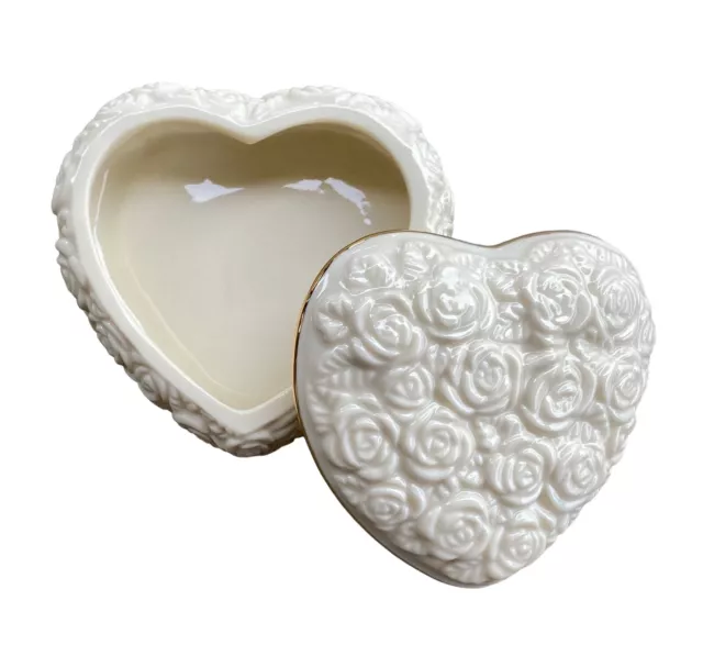 Lenox Heart Trinket Dish Beige 3D Roses Ring Box Ceramic W Lid Jewelry Gift 3”