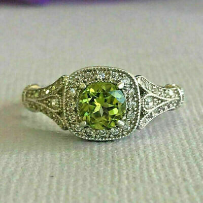 2.90Ct Round Cut Green Peridot Halo Lab Created Wedding Ring14K White Gold Over