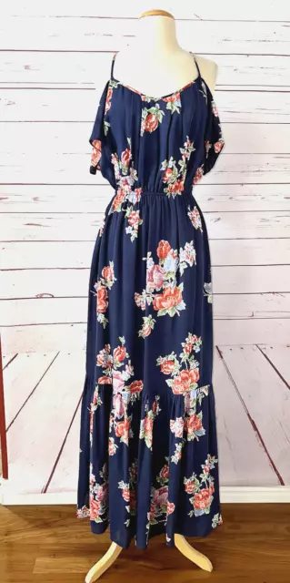 JOIE Size S Floral 100% Silk Chiffon Cold Shoulder Maxi Dress Navy Blue Lined