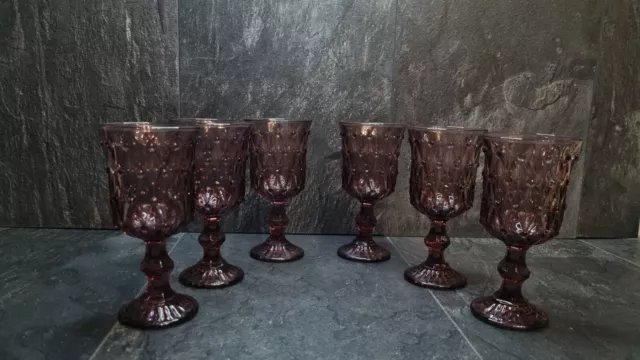 Mid Century Amethyst / Purple Hobnail Glass Goblets Red Wine Glasses X6