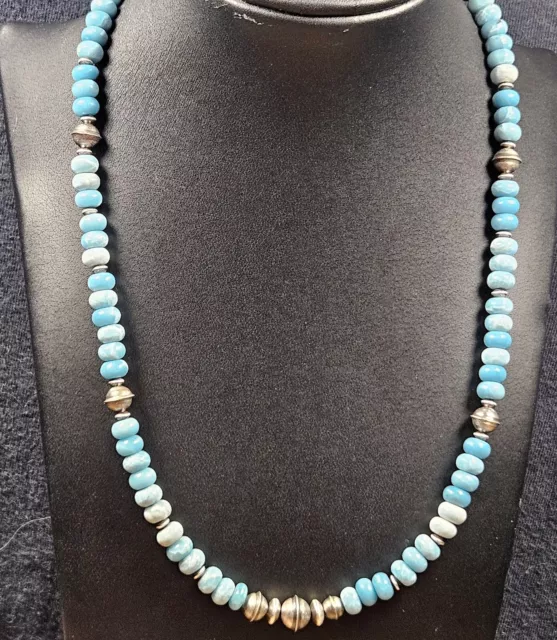 Sterling NAVAJO Pearl Dominican Larimar Bench Beads Necklace VTG Silver 18"