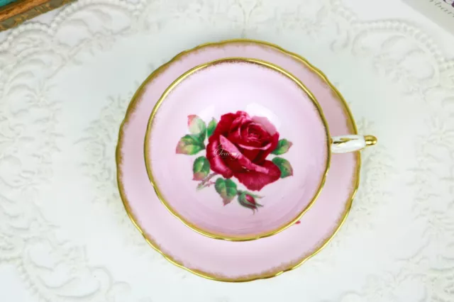 Paragon Blush Pink Teacup and Saucer with Large Red Floating Rose, Reg Johnson