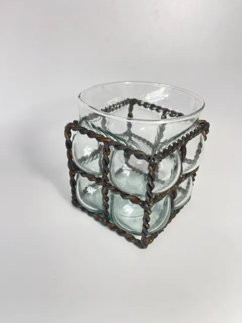 Hand Blown Clear Bubble Glass Vase Candle Holder Twisted Iron Metal Cage
