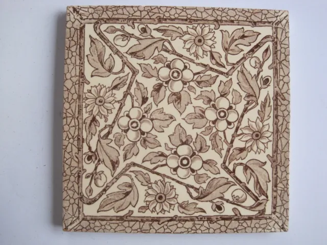 Antique Victorian 6" Brown On Cream Transfer Print Tile - Fruits & Flowers