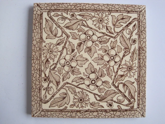 Antique Victorian 6" Brown On Cream Transfer Print Tile - Fruits & Flowers