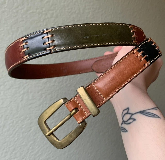 Fossil Women's Brown Patchwork Genuine Leather Belt sz M Boho Western Red Green