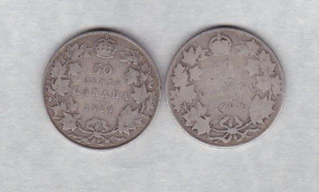 Two 1906 & 1917 Canada Silver 50 Cents In Poor To Fair Condition.