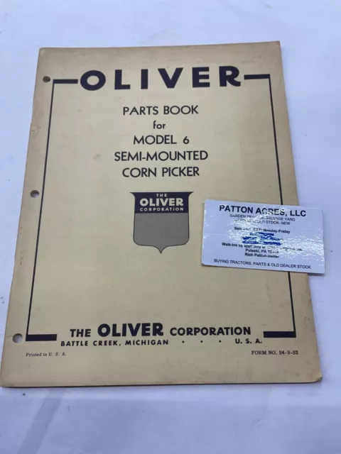 Parts Book for Oliver Model No. 6 Semi-Mounted Corn Picker