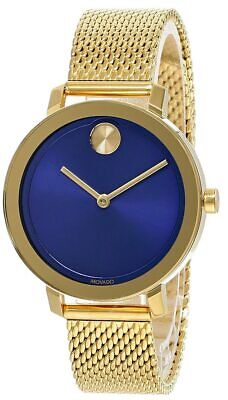 New Movado Bold Stainless Steel Blue Dial Gold Mesh Women's Watch 3600671