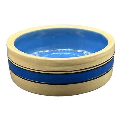Stoneware Large 7.5" x 2.5" Grey w/ Blue Stripe Crock Dog Food Water Pet Bowl