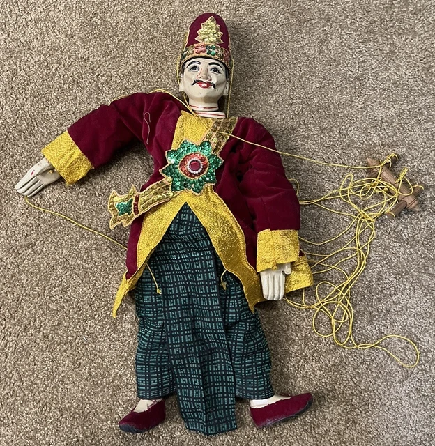 OLD ASIAN WOODEN Male Puppet w/ Elaborate Outfit, Strings
