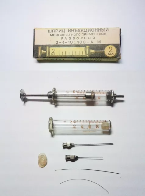 Vintage USSR Reusable medical glass syringes 2 ml