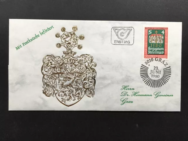 AUSTRIA SOS KINDERDORF 1980 MIT POSTKUTSCHE BEFÖRDERT SIEGEL PFERDE RITTER z4451